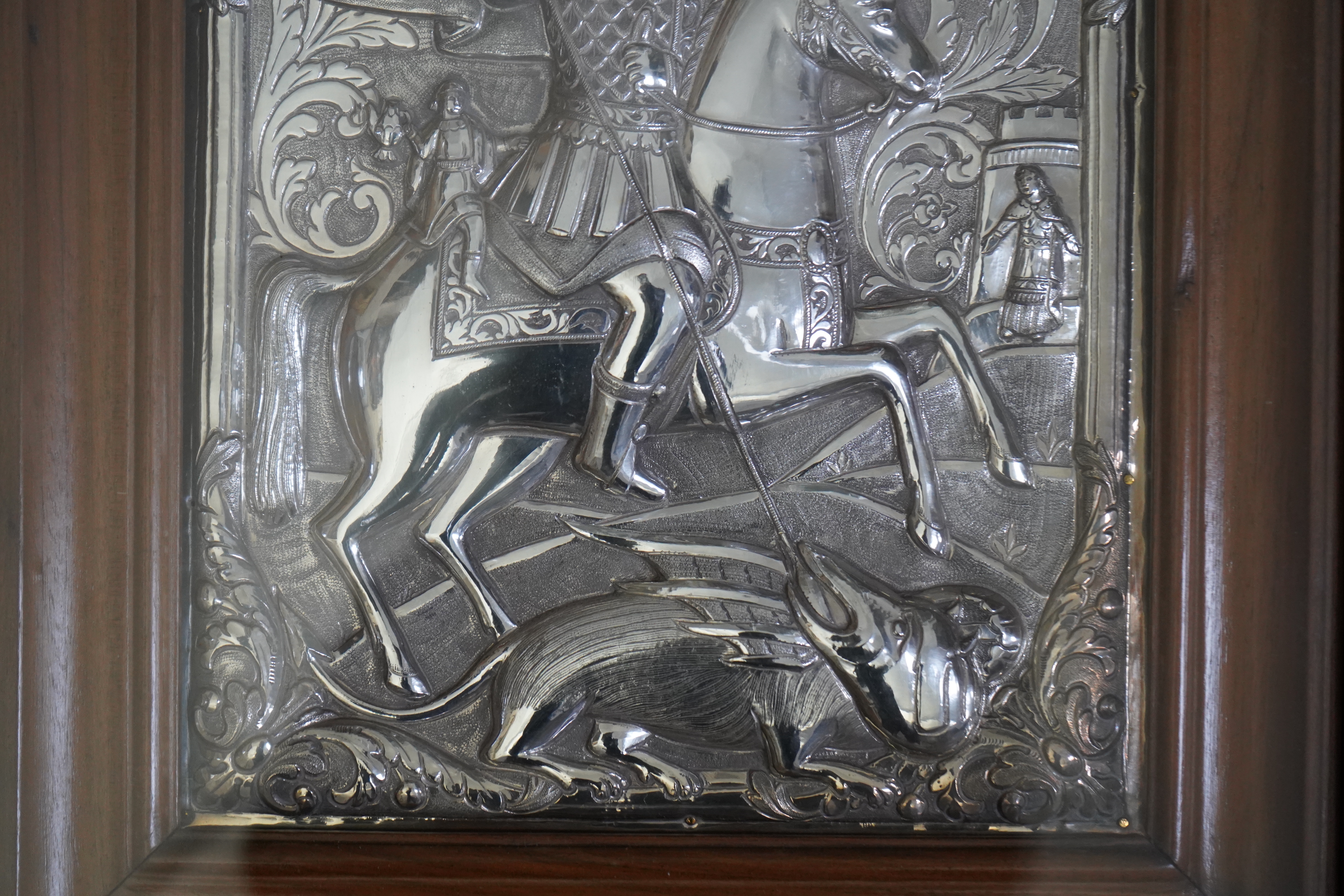 19th century Greek School , St George and the dragon, icon with silver oklad, 28 x 24cm